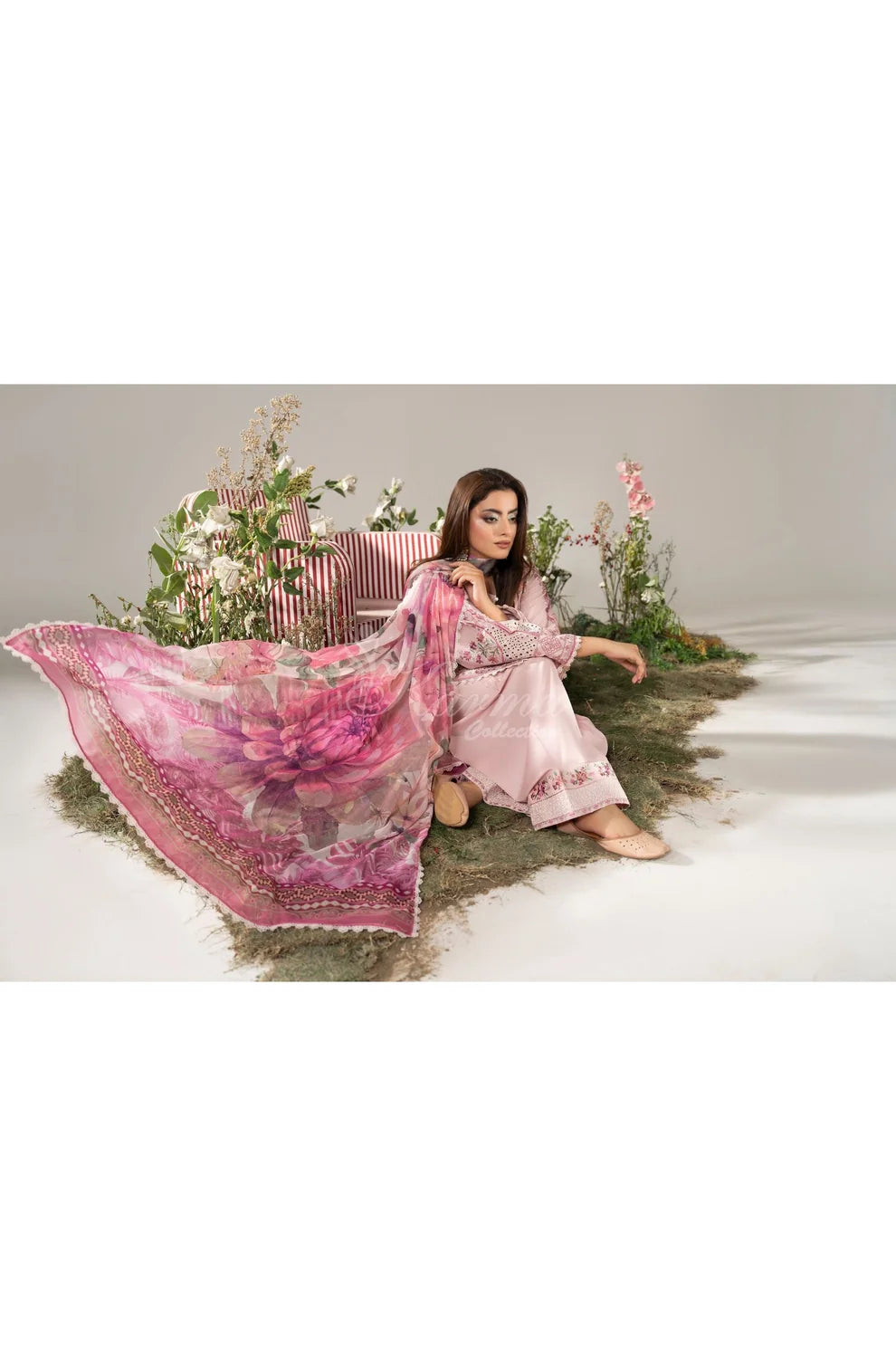 soft pink Pakistani suit with Farshi Shalwar and printed dupatta