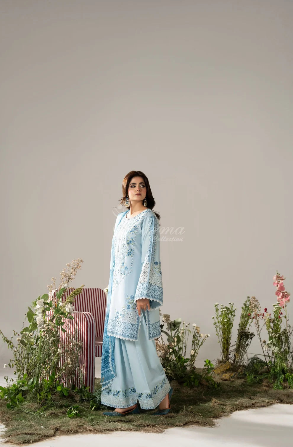 Muted Blue Pakistani suit with Farshi Shalwar and printed dupatta