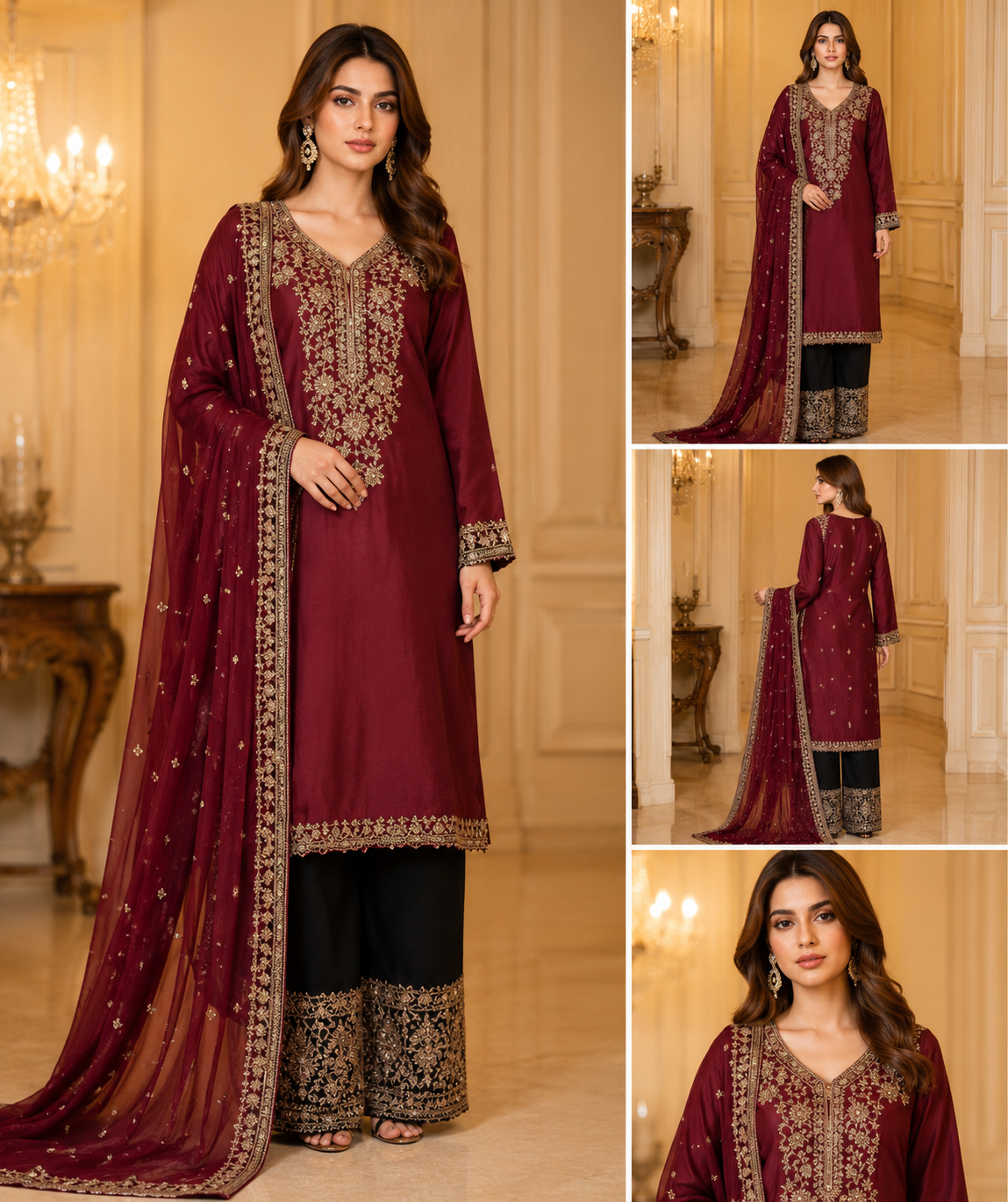 Maroon Traditional Embroidered Suit
