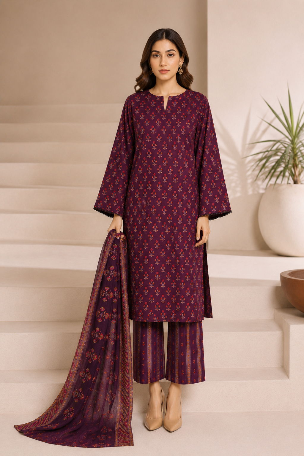 SADABAHAR - Printed Lawn Suit - Deep Wine