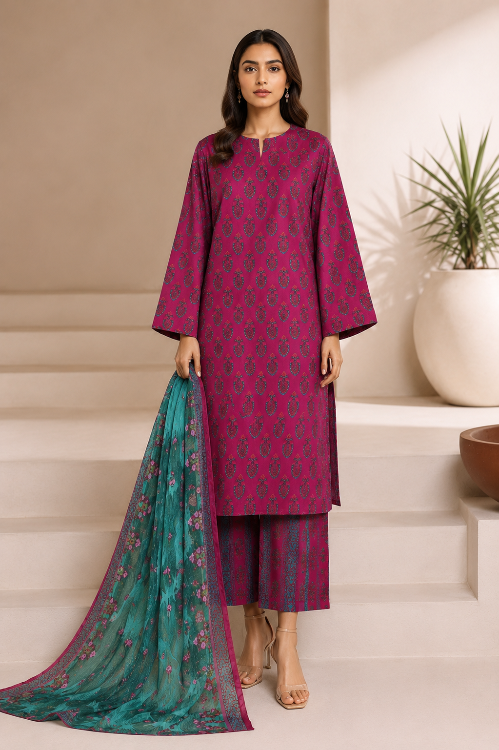 SADABAHAR - Printed Lawn Suit - Rani Pink