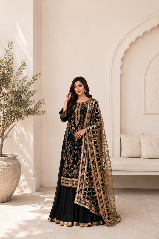Black Embroidered Party Wear Suit
