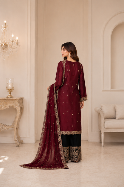 Maroon Traditional Embroidered Suit