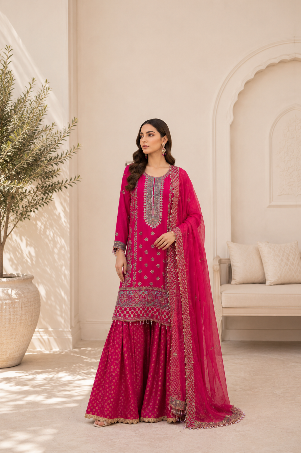 Deep Pink Luxury Embroidered Suit