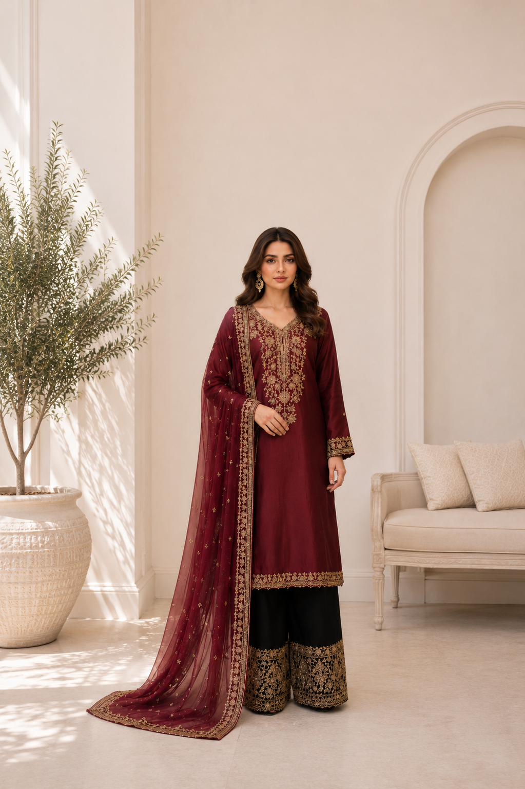 Maroon Traditional Embroidered Suit