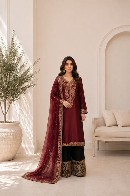 Maroon Traditional Embroidered Suit