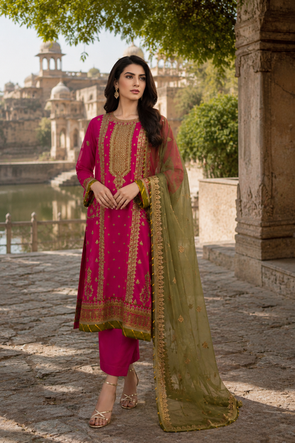 Bright Pink Festive Embroidered Suit