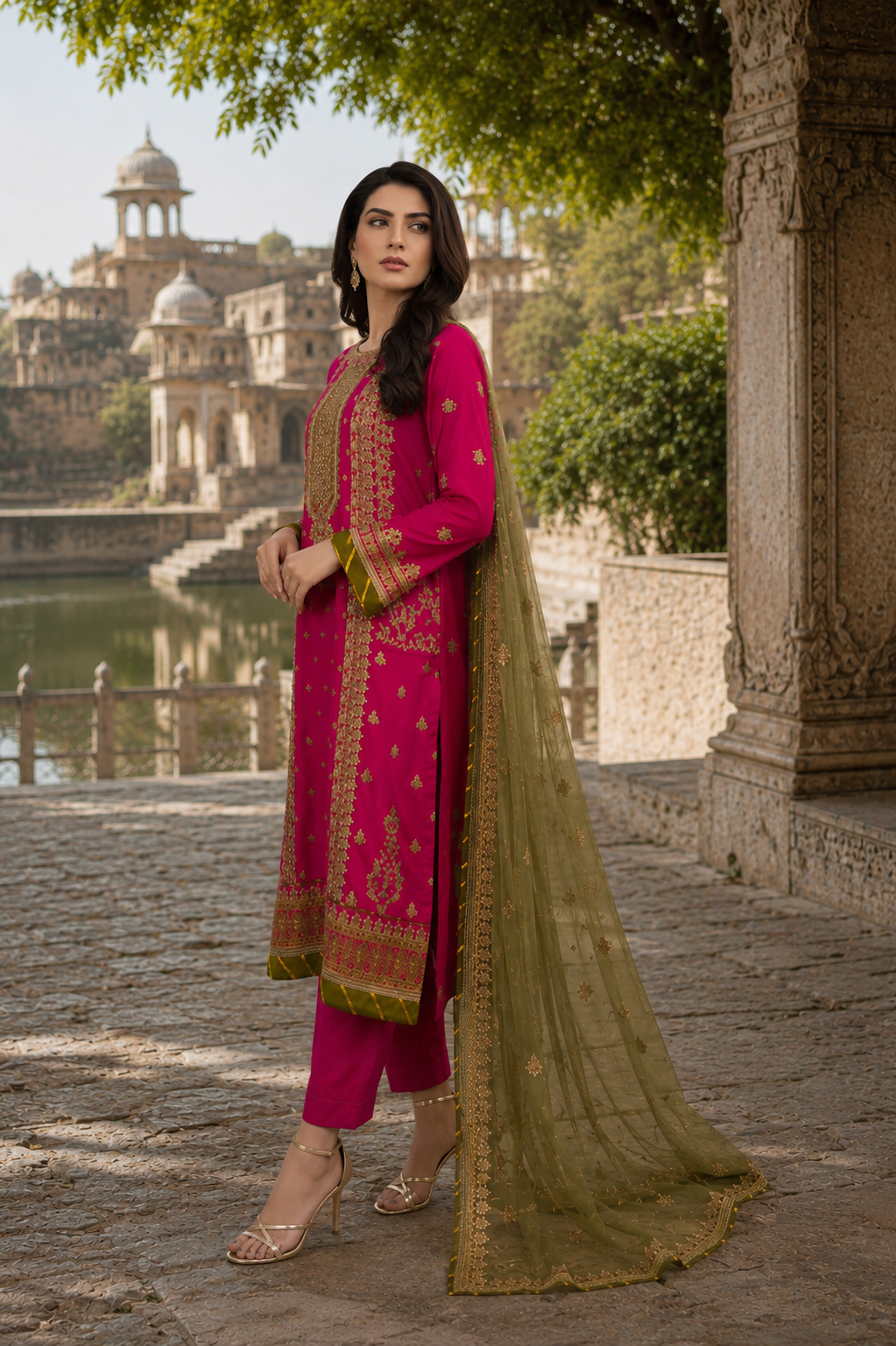 Bright Pink Festive Embroidered Suit
