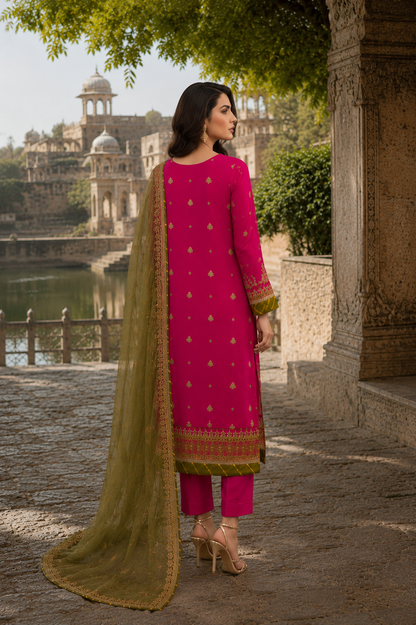 Bright Pink Festive Embroidered Suit